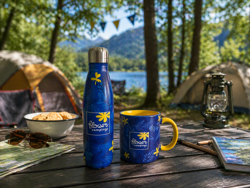 Gourde et mug Flower Campings en situation